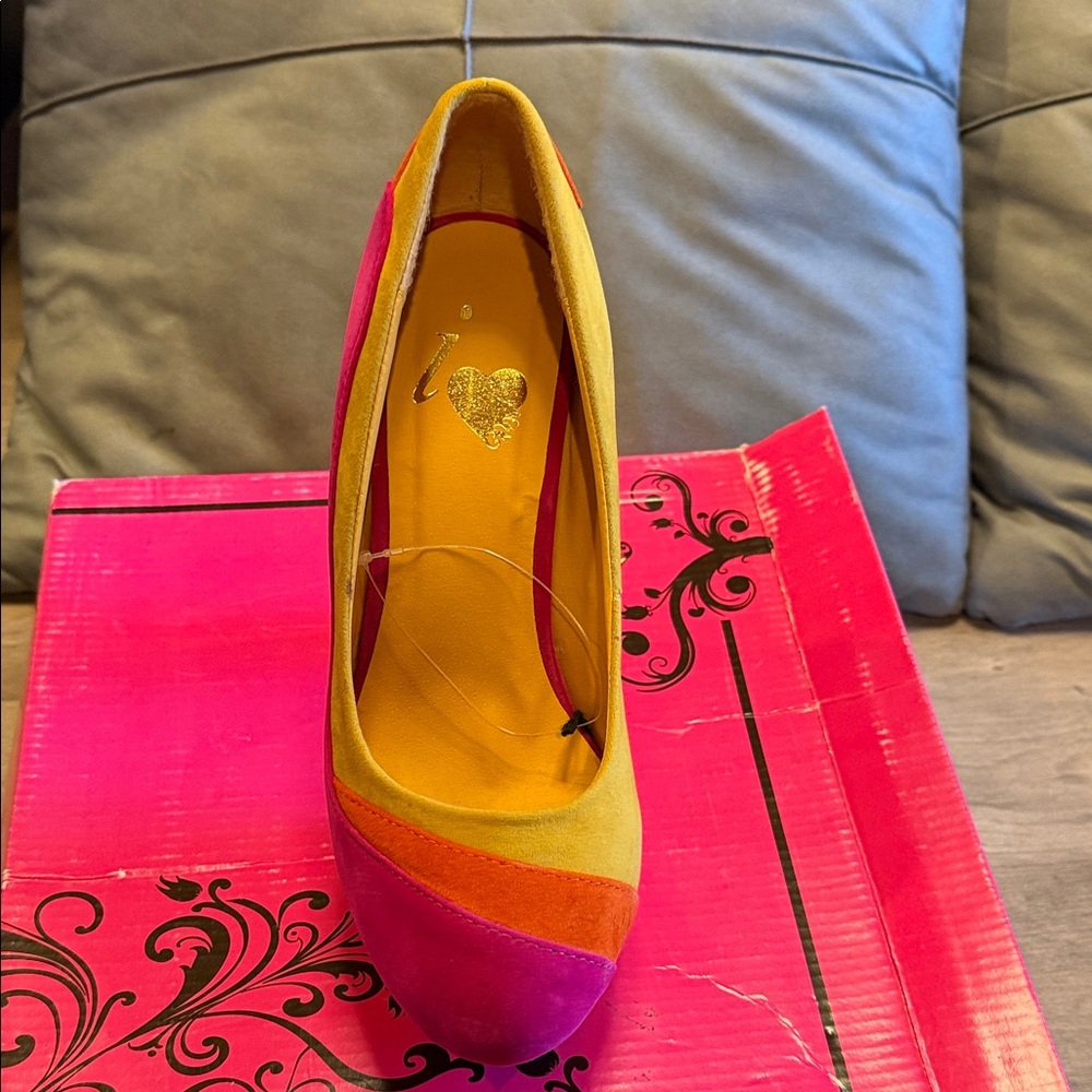 Colorblock Pointed-Toe Pumps in Pink, Orange & Yellow